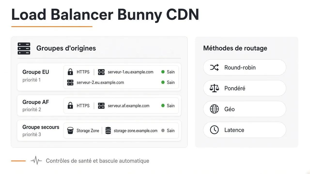 Exemple de load balancer Bunny CDN : groupes d'origines par priorité et méthodes de routage