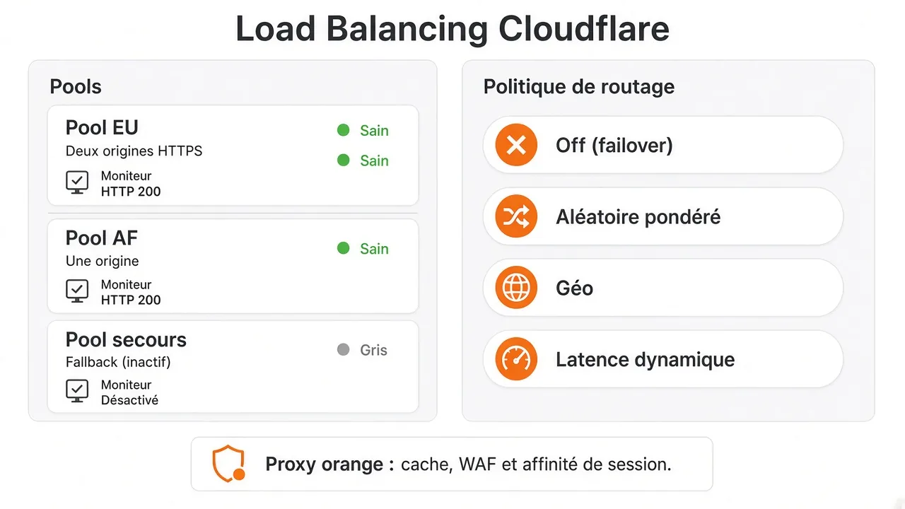 Pools Cloudflare, moniteurs de santé et politiques de routage