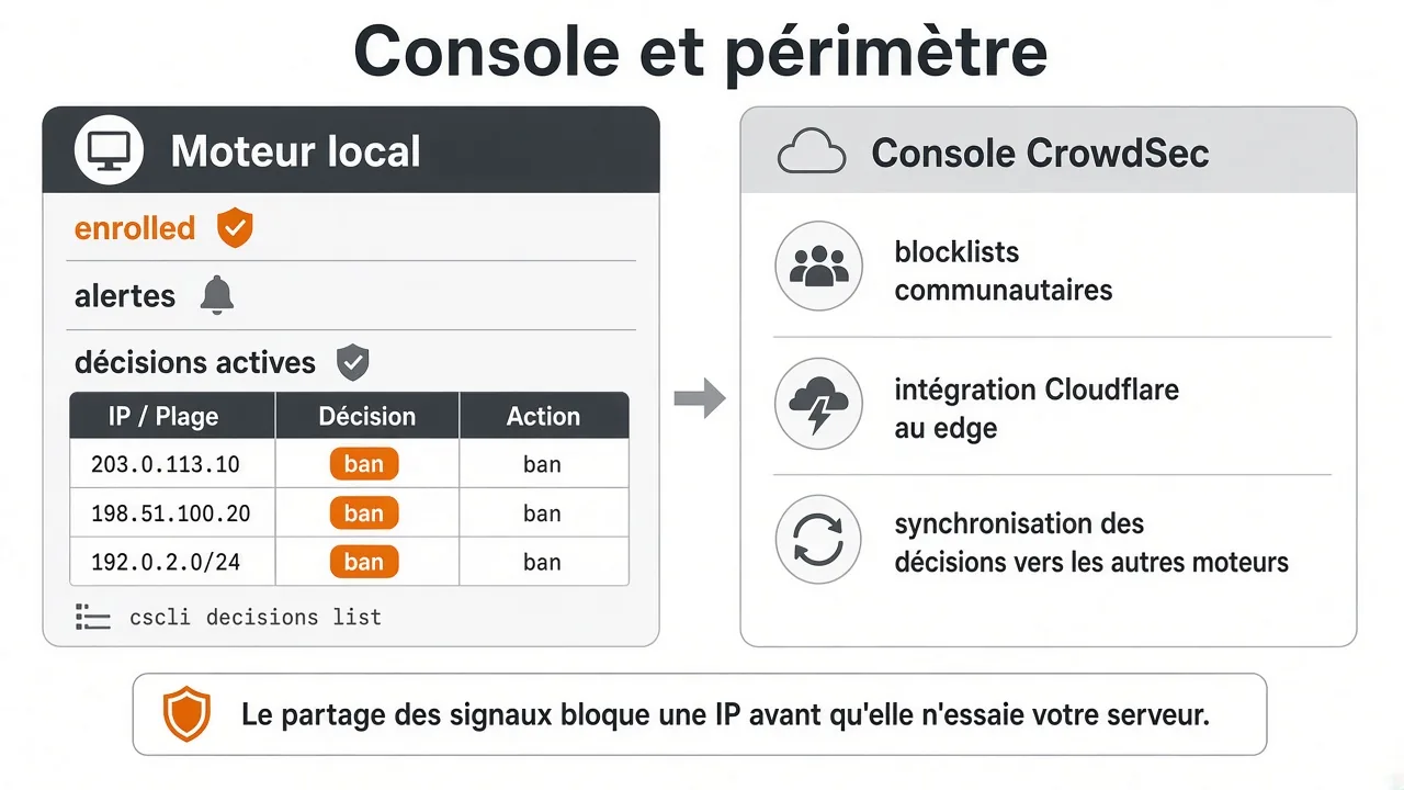 Moteur CrowdSec local enrôlé dans la console, listes communautaires et intégration Cloudflare