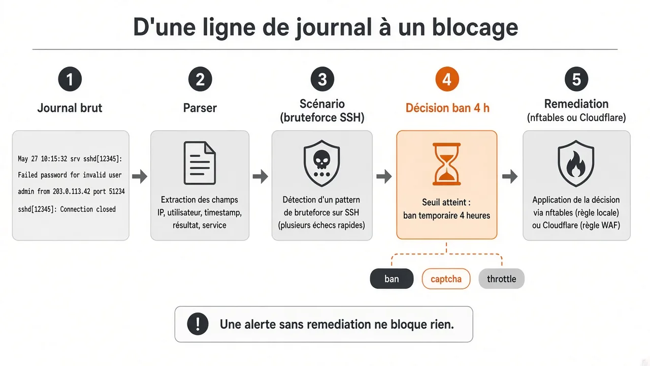 Parcours CrowdSec : journal, parser, scénario de bruteforce SSH, décision de ban, remédiation