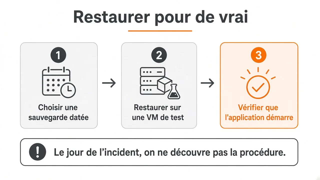 Restaurer une sauvegarde datée sur une VM de test et vérifier que l'application démarre.