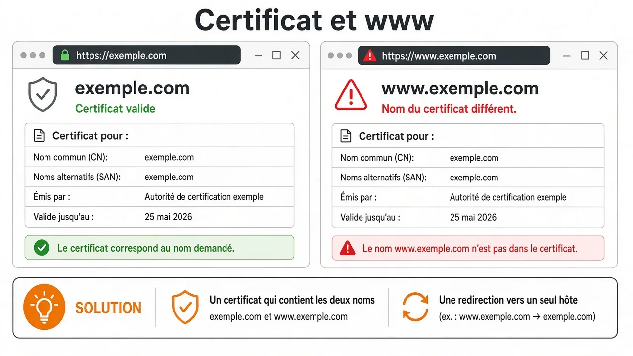 exemple.com est couvert par le certificat. www.exemple.com ne l'est pas.